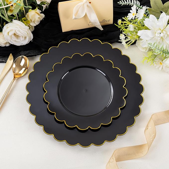 supernal 100pcs Black and Gold Plastic Dinnerware Set - Scalloped Disposable Plates Heavy Duty Gold And Black Plastic Plates Service for 50 Guests,Perfect for Party Birthday Wedding Festival