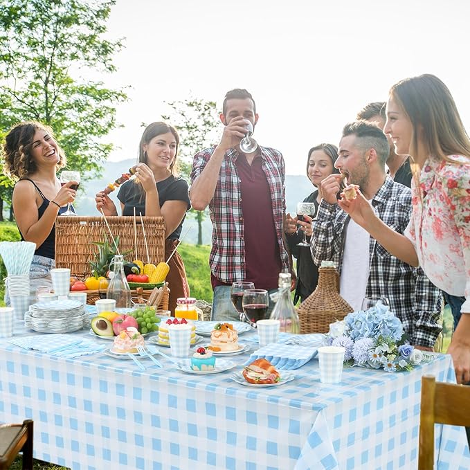 452 Pcs Blue Gingham Party Supplies for 50 Guests Include White and Blue Checkered Paper Plates Napkins Cups Tablecloth Cutlery Straws for Birthday Baby Shower Wedding Party Decorations
