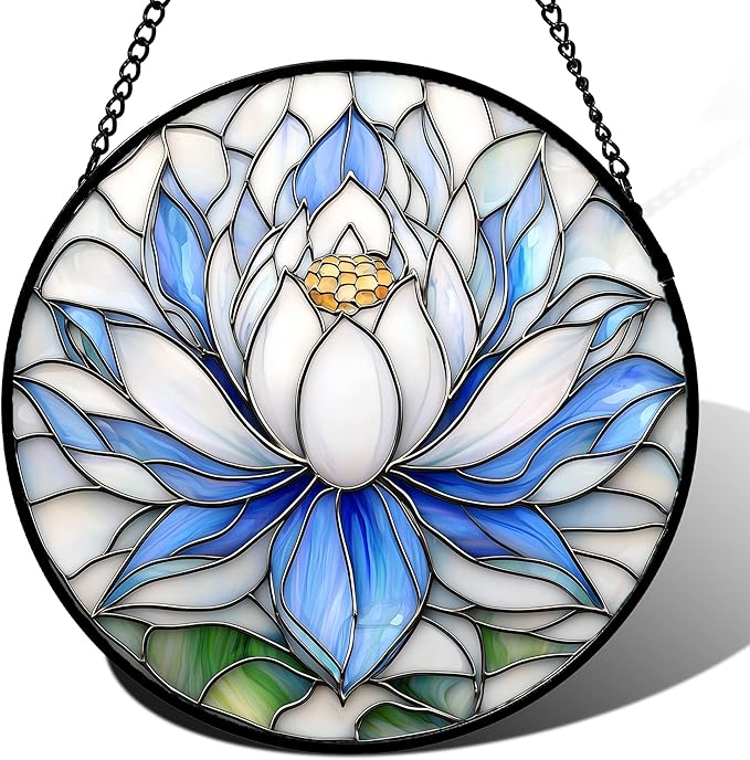 Stained Glass Window Hanging - Blue and White Lotus Petal Suncatcher for Doors Window Home Sun Catchers Decor Christmas Mother's Day July Birthday Gifts for Teacher Women Men Mom Nana 14.9 in