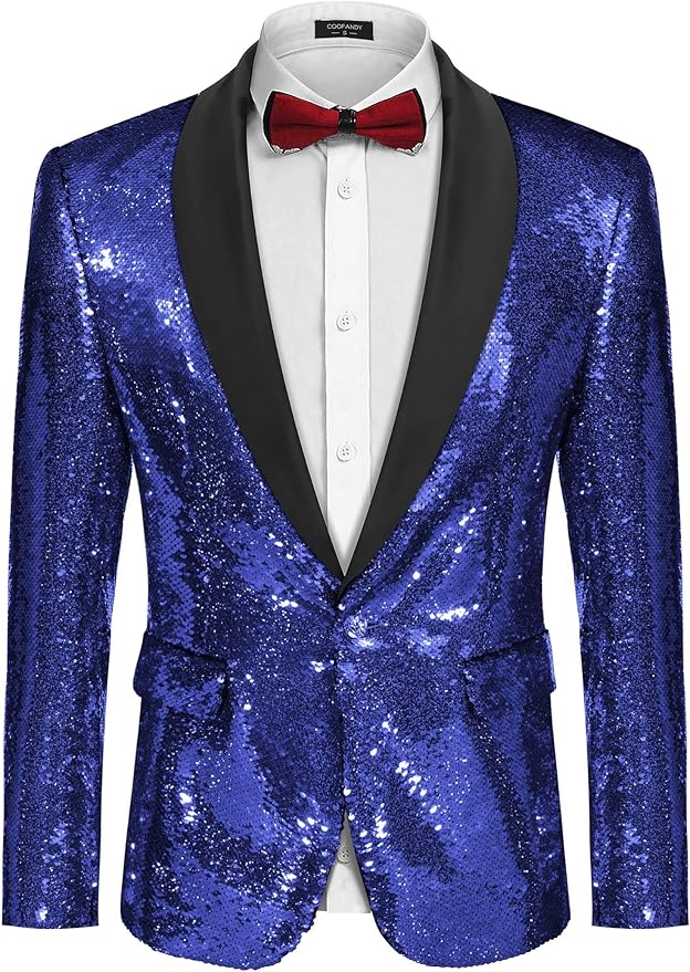 COOFANDY Mens Shiny Sequin Blazer Tuxedo Party Dinner Prom One Button Suit Jacket