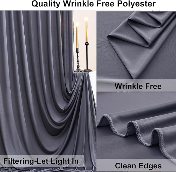 30ft×10ft Wrinkle Free Grey Backdrop Curtains for Parties, 6 Panels 5×10ft Soft Silky Polyester Charcoal Photo Backdrop Drapes for Birthday Baptims Baby Shower Wedding Photography Backgrounds