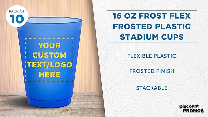 DISCOUNT PROMOS Custom Frosted Plastic Stadium Cups, 10 pack, Promotional Text, Logo, 16 oz. Shatterproof Flexible Reusable Party Cups, Blue