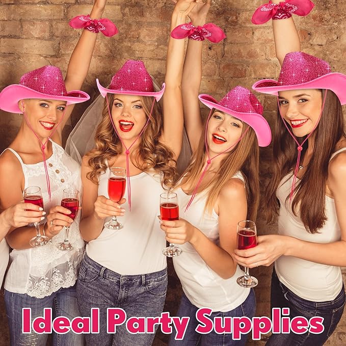 Coume 12 Pcs Sparkly Adults Cowboy Hat and Bandanas Women Men Western Glitter Cowgirl Party Hats with Adjustable Drawstring