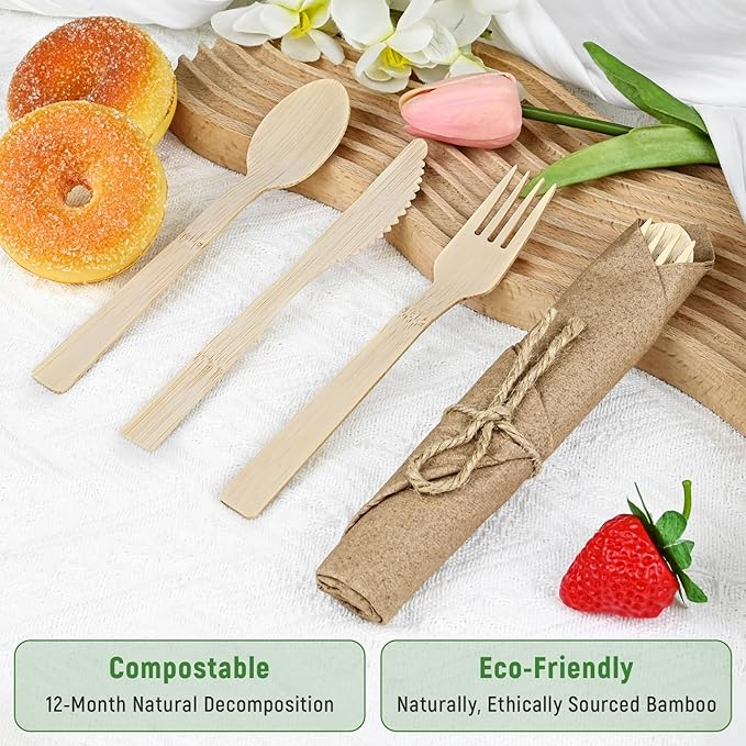 Pre Rolled Napkin and Bamboo Cutlery Set - 100Pack Bamboo Utensils/Compostable Cutlery with Brown Napkins, Biodegradable Wrapped Cutlery for Party, Wedding, Events