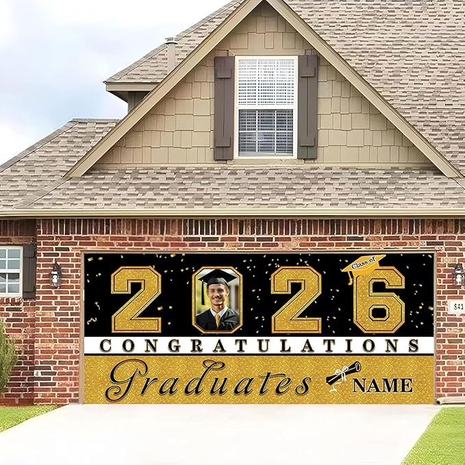 Custom Graduation Garage Door Banner Decoration 7x16ft with Photo Congrats Garage Door Cover 2026 Party Photo Booth Backdrop Party Supplies(Gold)