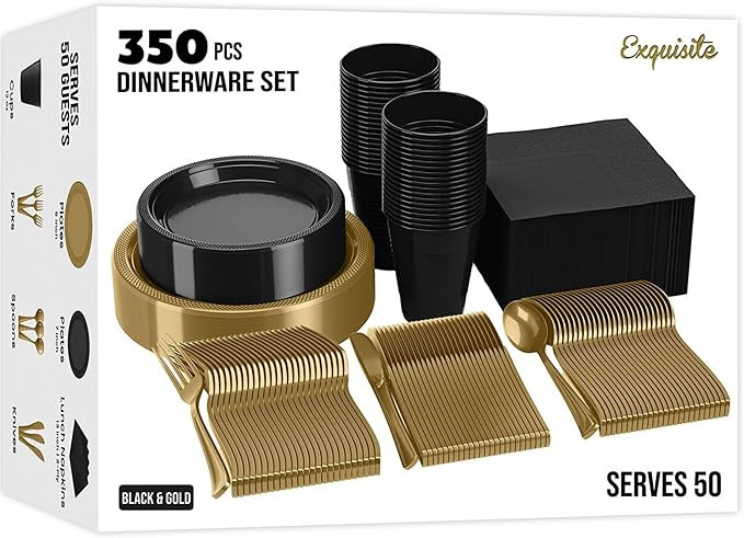 350 Pcs Black & Gold Plastic Plates For Party, Black & Gold Disposable Plates Set, 50 Of Each 9" Dinner Plate Set, 7" Dessert Plate, Cups, Napkins & Cutlery Plastic Dinnerware Exquisite