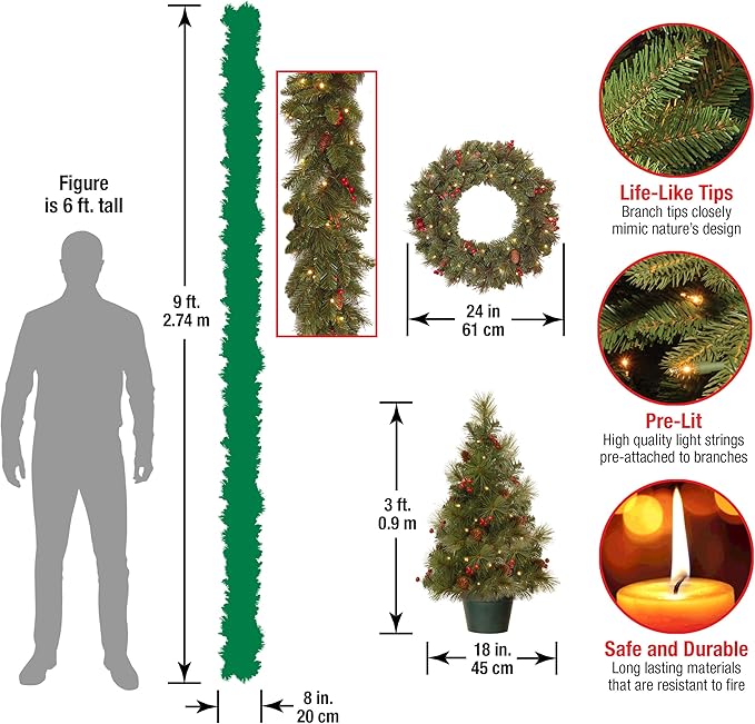 National Tree Company Pre-Lit Everyday Collection Artificial Christmas Decoration Set with LED Lights, Includes 2 Mini Christmas Trees,1 Wreath, and 1 Garland, Set of 4