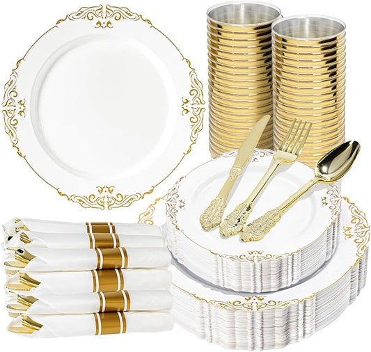 350PCS Gold and White Plastic Plates, Gold Plastic Dinnerware Sets for 50 Guests, 100 Disposable Plates, 150 Silverware, 50 Cups, 50 Napkins for Party and Wedding