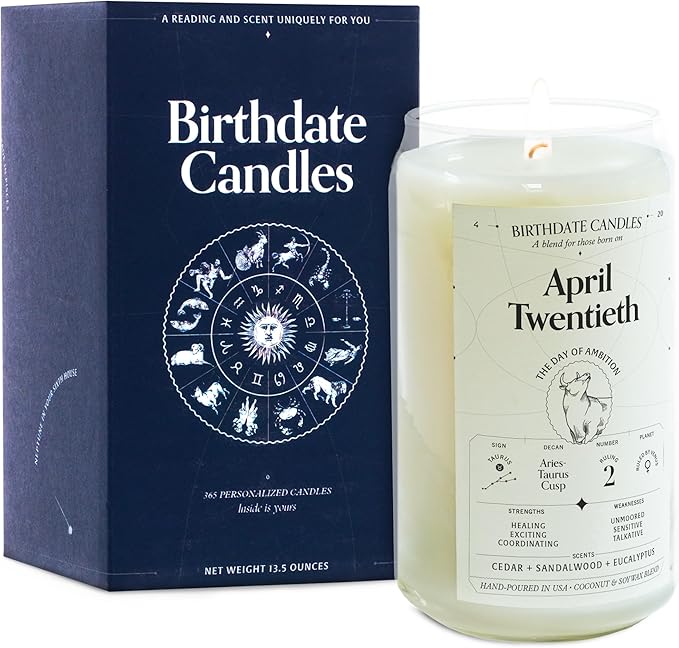 Birthdate Candles, April 20 - Taurus Zodiac Scented Candles Birthday Gift - Cedar, Sandalwood & Eucalyptus Scent - All-Natural Soy & Coconut Wax, 60-80 Hour Burn Time - Made in USA