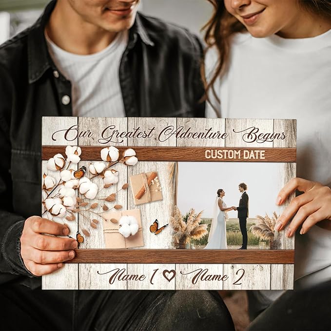 Dem Canvas Personalized Couple Canvas Prints, Custom Love Photo And Name, Our Greatest Adventure Begins, Wedding Gifts For Couple Anniversary Engagement Gift For Couples