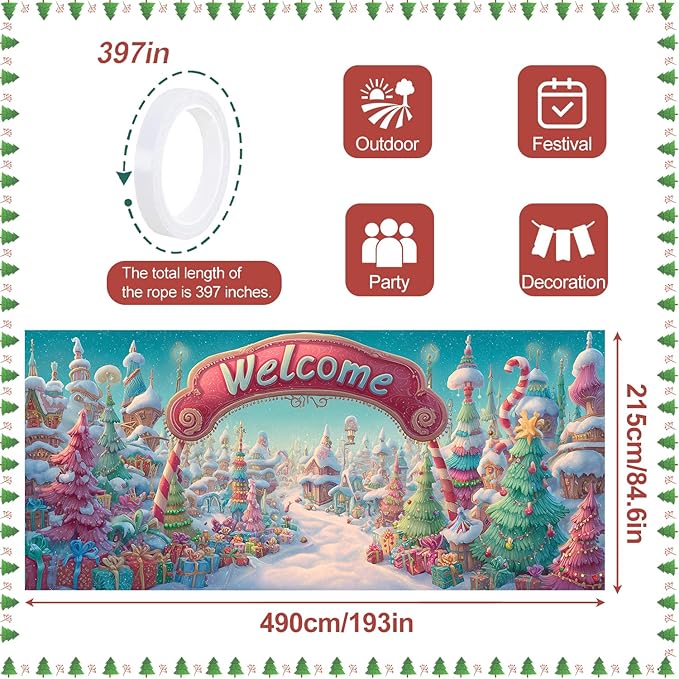 Christmas Welcome Garage Door Banner 7x16FT Candy Village Scene, Xmas Garage Door Cover for Outdoor Decorations & Holiday Parties