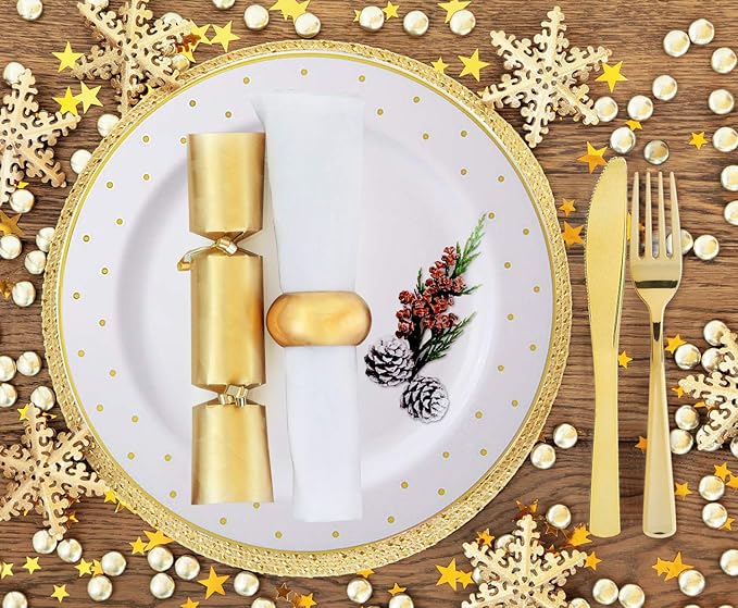 supernal 102pcs Gold Plastic Plates, White Disposable Plates with Gold Point Design, Party Plastic Dinnerware Suit for Wedding-51 Dinner Dishes 10.25" and 51 Dessert Tray 7.25"