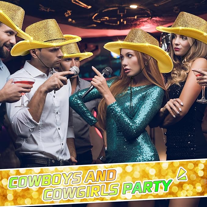 Kigeli 10 Pcs Lights LED Cowboy Cowgirl Hat LED Flashing Hat Cowgirl Hat for Western Cowboy Role Play(Silver,Sequin)