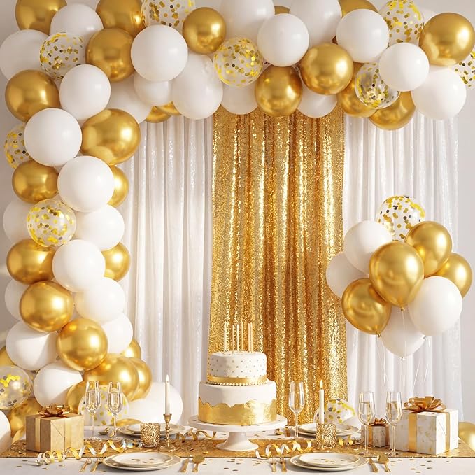 137 Pcs White Gold Party Backdrop Kits - 4 Sequin Backdrop Curtain 133 Balloon Garland Kit Photo Prop Background for Engagements Bridal Shower Graduation Anniversary Party Decoration