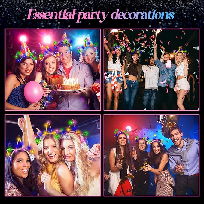 Xinnun 64 Pieces Light up Unicorn Ears Headband Neon LED Glow in Dark Cat Rabbit Ears Hairband for Women Adult Valentine's Day Mardi Gras Carnival Party Costume