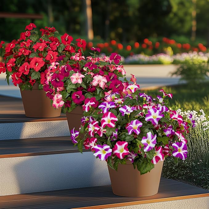 19 Inch Artificial Fake Flowers for Outdoor,4 Pcs Faux Silk Petunias Spring Flowers for Outside for Indoor Porch Planter Front Door Garden Patio Window Box Home Decor(Double Red Lotus)