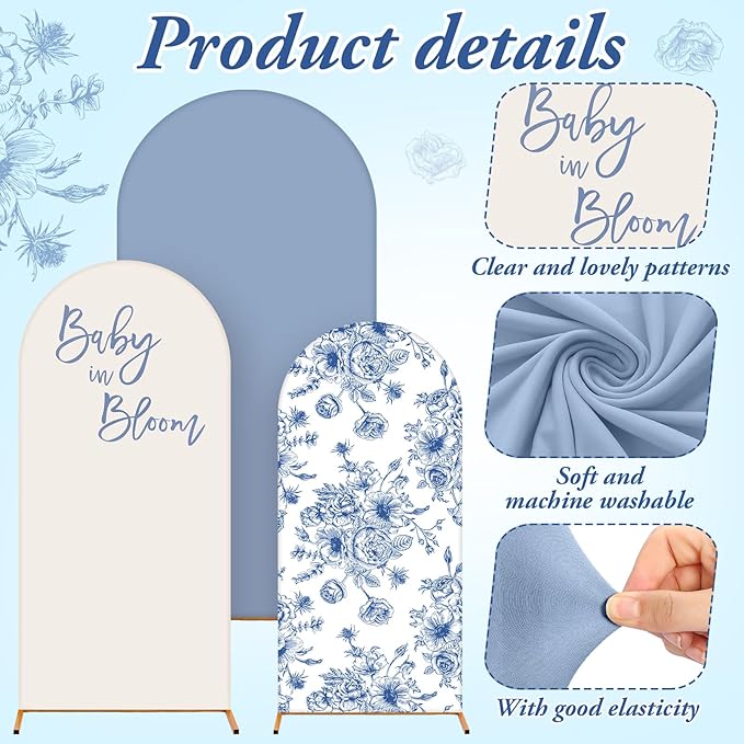 Baby in Bloom Balloon Arch Kit 34 Pcs Blue Baby Shower Party Decorations 4ft 5ft 6ft Blue and White Floral Spandex Arch Backdrop Cover with Balloons for Shower Decor