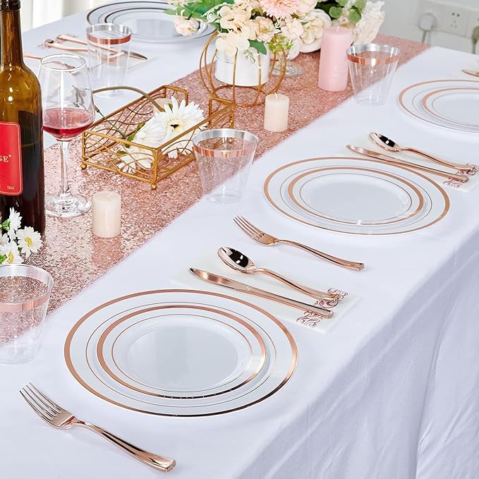 Sylans 700 Piece Dinnerware Set for Wedding & Party,100 Guest RimPlastic Plates,100 Plastic Silverware,100 Cups,100 Linen Like Napkins (Rose Glod) ypj