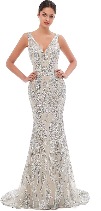 Women's Double V-Neck Sequins Lace-up Mermaid Evening Dress