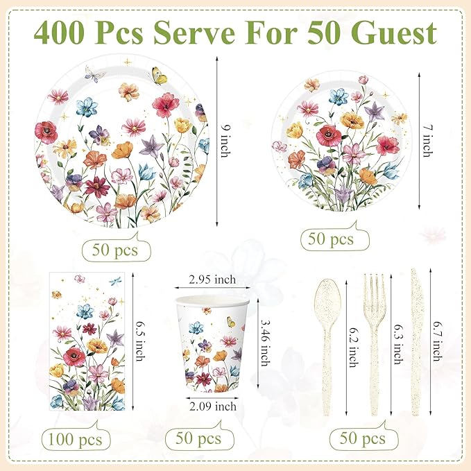 400 Pcs Wild Floral Disposable Paper Plates Napkins Cups Serve 50 Watercolor Floral Tableware Set for Spring Wedding Tea Party Decoration Bridal Shower Baby Shower(Cute Color,Novel Style)