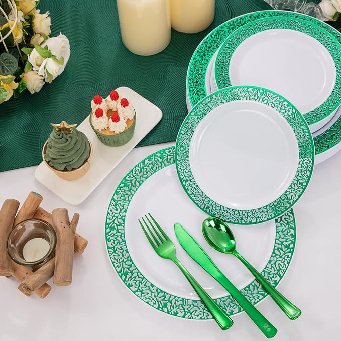 U-QE 150PCS Green St Patricks Day Plates with Plastic Silverware, Green Disposable Plates for 30 Guests Include 30 Dinner Plates, 30 Salad Plates,30 Guests Silverware Perfect for Party