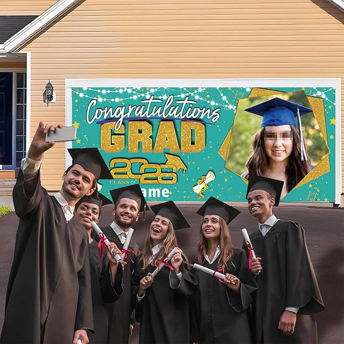 Custom Garaduation Garage Door Banner Cover 16 x 7 ft Class of 2026 Congrats Grad Party Backdrop Personalized Graduation Decoration(Peacock Blue and Gold)