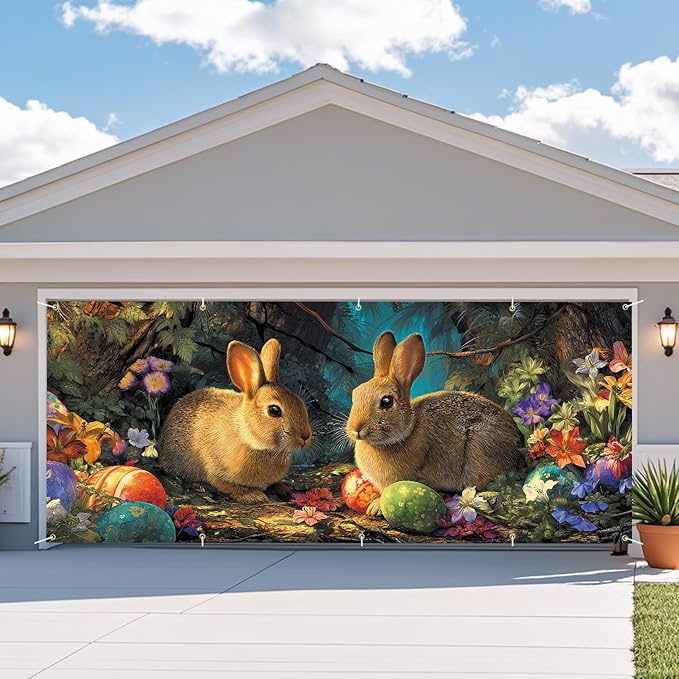 Easter Bunnies and Eggs Garage Door Banner 7x16FT, Cute Bunnies and Colorful Eggs Outdoor Spring Holiday Decoration for Yard and Garage