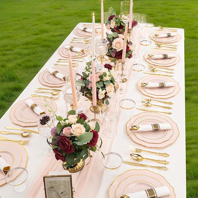 Liacere 700PCS Pink Plastic Plates-Dinnerware Sets for 100 Guests-200 Disposable Plates(10inch,7inch),300 Pink Plastic Silverware,100 Cups,100 Napkins for Wedding&Valentine's Day&Galentines Day