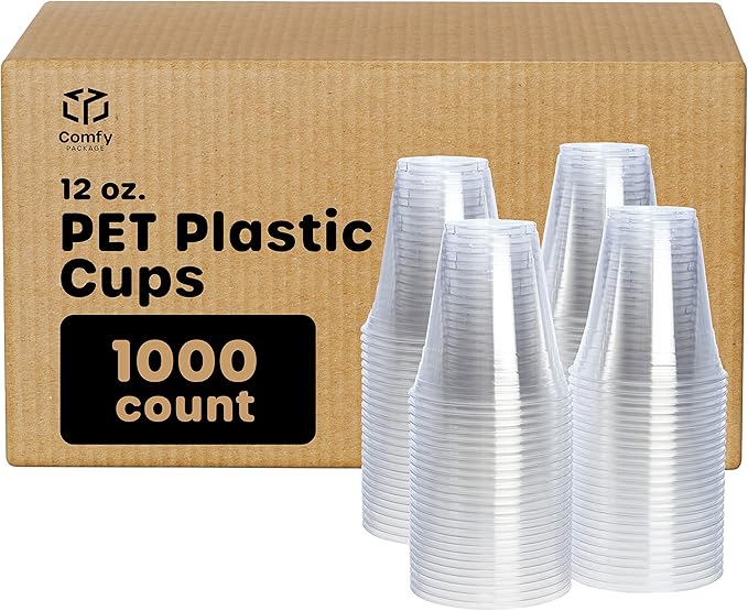Comfy Package [Case of 1,000 12 oz. Crystal PET Clear Plastic Cups for Party - Ideal for Cold Beverages, Smoothies, and Parties