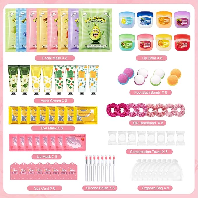 88PCS Spa Party Supplies for Girls, Spa Party Favors Include Face Masks, Under Eye Patches, Lip Masks, Lip Balm, Hand Cream, Foot Bath Bombs, Compressed Towels, Bulk Spa Sleepover Slumber Party Kit