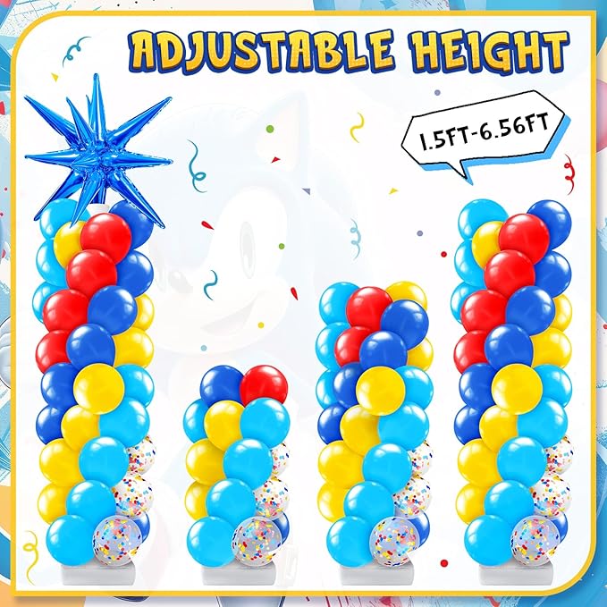 Kasyat 2 Set Red Blue Yellow Balloon Column Stand Kit Cartoon Hedgehog Explosion Star Foil Balloons Arch Garland Kit with Adjustable Stand for Carnival Circus Birthday Party Decorations