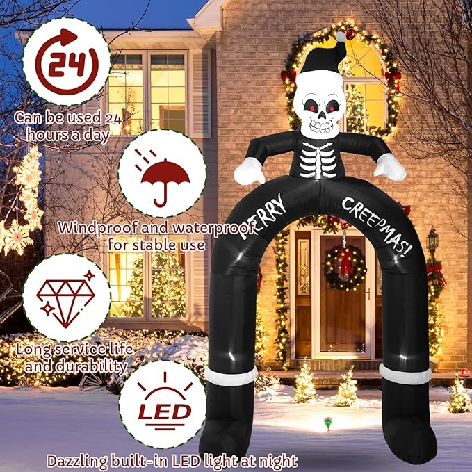 10 FT Skeleton Old Man Arch, Outdoor Inflatable Decorations with Built-in LED Lights for Gothic Style Holiday Inflatable Decorations for Patio, Lawn and Outdoors.