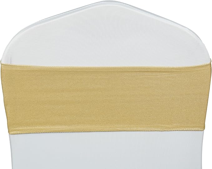 VDS Pack of 150 PCS | Metallic Gold | Spandex Chair Sashes Bows without Buckle | Stretch Elastic Banquet Universal Folding Chair Band Tie with for Wedding Party Conference Celebration Event Decoration