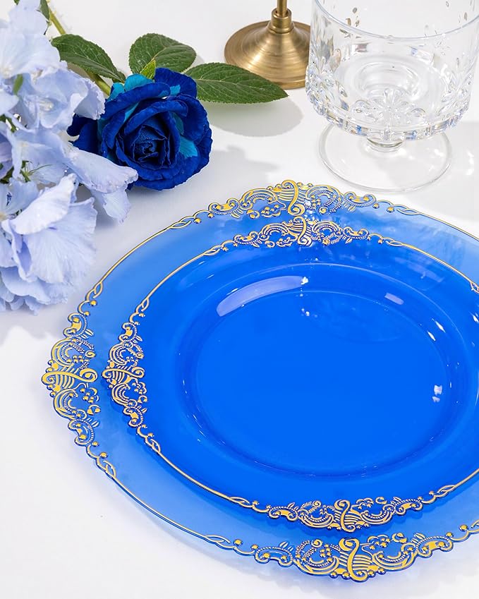 Nervure 350PCS CLear Blue Plastic Plates - Blue Gold Plastic Dinnerware Sets for 50 Guests - 100 Disposable Plates, 150 Silverware, 50 Cups, 50 Napkins for Wedding & Party
