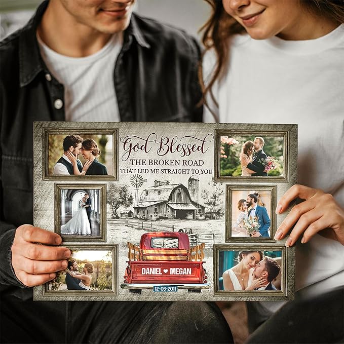 Dem Canvas Personalized Couple Canvas Prints, Custom Love Photo And Name, Beautiful Farmhouse God Blessed The Broken Road, Wedding Gifts For Couple Anniversary Valentines Engagement Gift For Couples