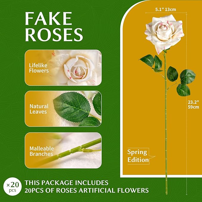 Artificial Flowers Artificial Roses Fake Roses 23.2In Long Stem Artificial Flowers for Tall Vase Silk Rose Suitable for Wedding Decor Valentine's Day DIY Bouquet Spring,Pattern White,20PCS