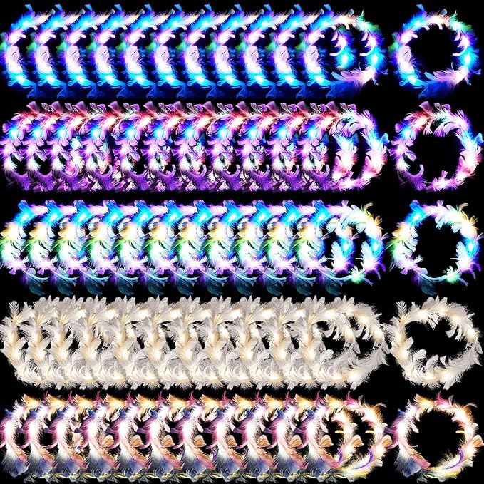Taiyin 100 Pieces LED Feather Crown Headband Light up Angel Wreath Headband Flower Crowns for Women Wedding Halloween Birthday Valentine's Day Party Gift (Multiple Colors)