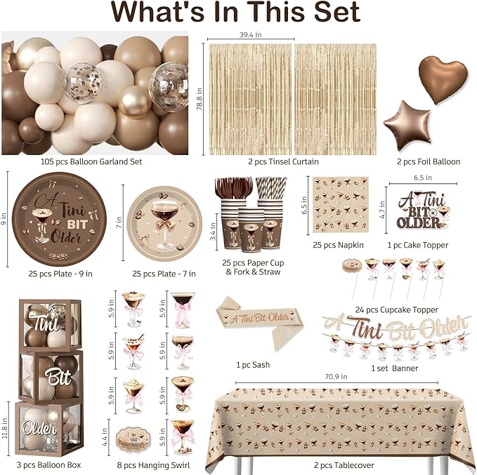 300pcs Tiny Bit Older Espresso Martini Birthday Decorations Serve 25, All-in-one Set with Balloon Arch Fringe Curtain Tableware Balloon Box Cupcake Topper Sash, for Girl Women Espresso Martini Party