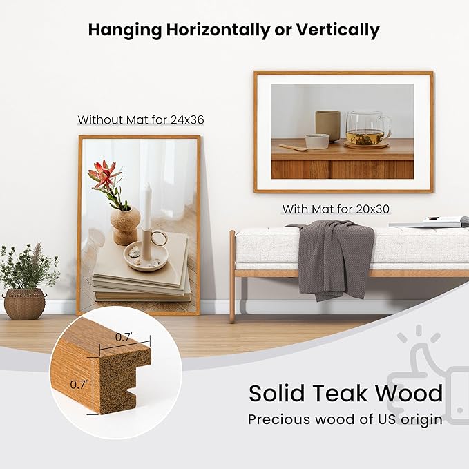 24x36 Picture Frame with Mat for 20x30 - Solid Teak Wood Poster Frame with Tempered Glass, Wood 24''x36'' Minimalist Photo Frame Movie Poster Frame with Hooks for Art Photo Prints, Natural Teak