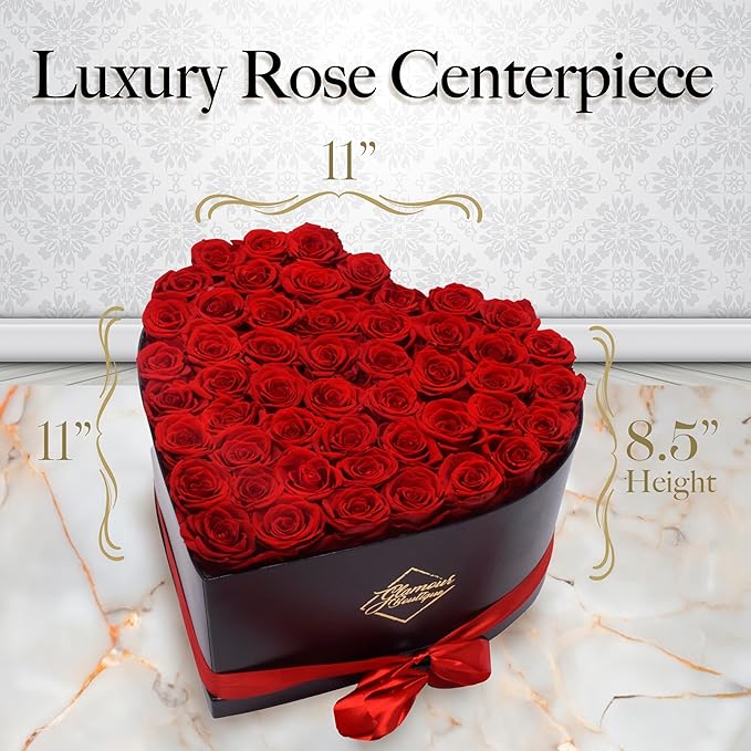GLAMOUR BOUTIQUE 50 Flower Forever Heart Shape Box, Eternal Preserved Roses Gift for Her, Lasting Flowers, Grand Floral Heart Arrangement for Birthday, Anniversary Valentine’s Day, Red (Color-Treated)