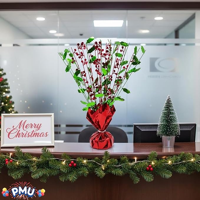 PMU 12Pc Christmas Bursting Holly Berry Centerpiece For Table Decor, Table Balloon Weights for Theme Party Decorations Supplies Red & Green |15in