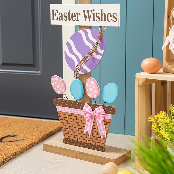 Glitzhome 35.5"H Easter Wooden Bunny and Eggs Porch Decor, Easter Welcome Sign Decorations for Home or Yard