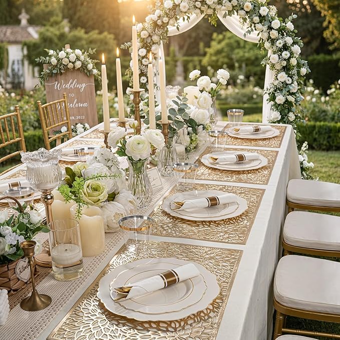 Liacere 350PCS Ivory Plastic Plates - Cream Disposable Plates With Gold Rim - 50Guest Baroque Plastic Dinnerware include 100 Plates - 50 Pack Pre Rolled Napkins with Silverware 50Cups for Easter
