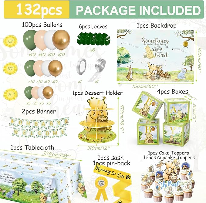 132pcs Classic Winnie Baby Shower Decorations Kit, All-in-1 Vintage Winnie Party Supplies Decorations, Classic The Pooh Backdrop Cake Topper, Winnie Baby Tablecloth Box Decorations for Baby Shower