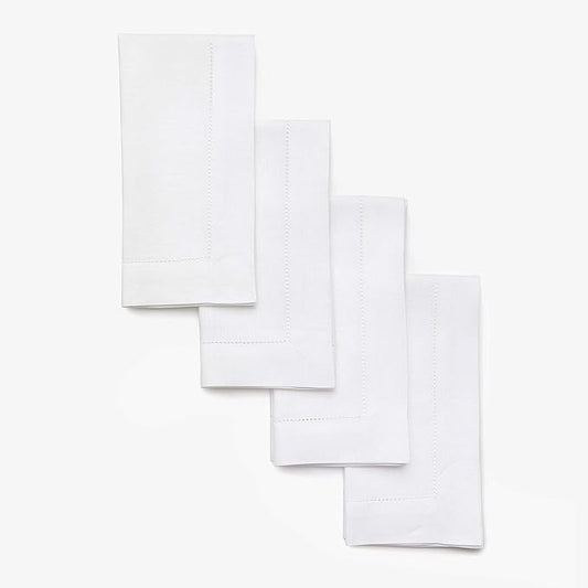 Solino Home White Linen Napkins Set of 4-100% Pure Linen Hemstitch Dinner Napkins 20 x 20 Inch for Winter, Valentines, Spring, Easter - Classic Hemstitch