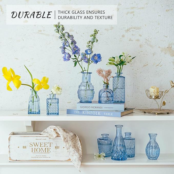 16pcs Glass Bud Vase Set, Small Blue Flower Vases for Centerpieces in Bulk, Mini Vintage Vase for Wedding, Home Decor, Table Decoration