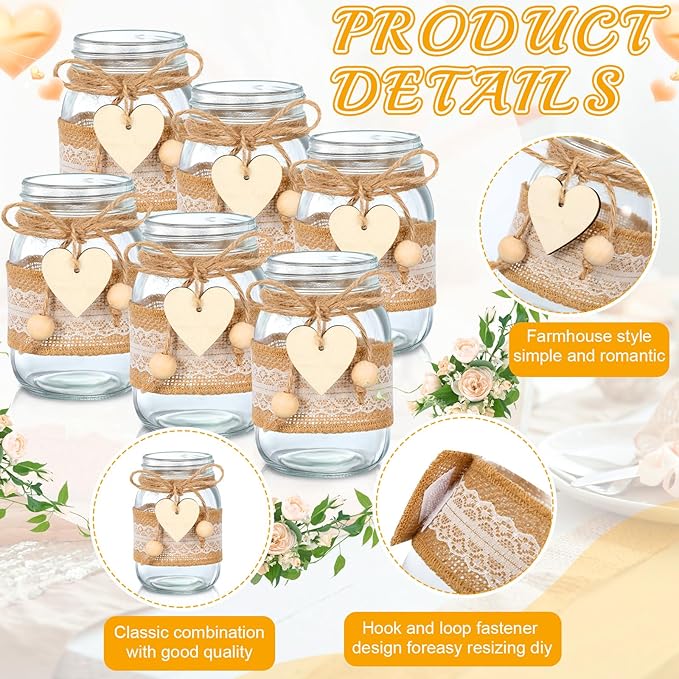 Mumufy 6 Sets Mason Jar Table Centerpiece with Lace Sleeves and Heart Shaped Hemp Rope Rustic Mason Jar Vases Reception Engagement Party Bridal Shower Centerpieces Wedding Table Decorations