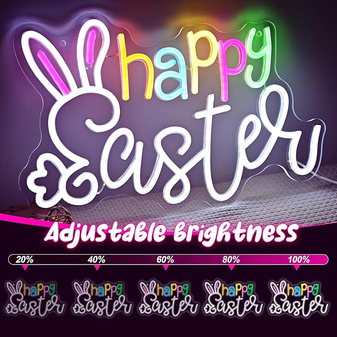 Happy Easter Led Neon Sign, Cute Bunny Ear Light Up Sign, Easter Home Wall Decor for Bedroom, Bar, Window, Spring Party Gifts