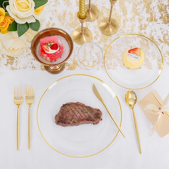 EI 180pcs Gold Plastic Plates,Clear Plates with Gold Trim,Plastic Plate for Party,Clear Dinnerware Set Silverware Cups for Baby Shower,Wedding,Spring Afternoon Tea