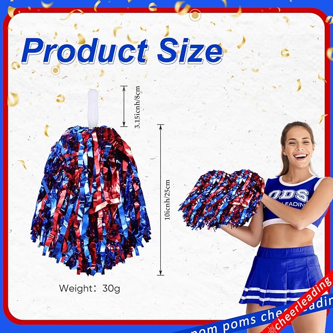 Hanaive 100Pcs Metallic Cheerleading Pom Poms with Baton Handle Cheerleader Pompom Foil 30g Cheering Squad Hand Flowers for Adults Team Spirit Sports Party Cheering